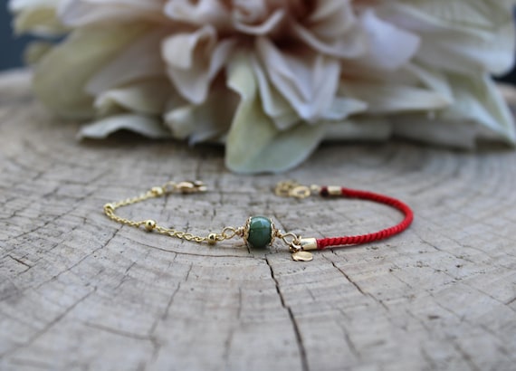 Green Jade Bracelet. Red string bracelet with Burmese jade. Gold filled. Abundance, luck and protection.