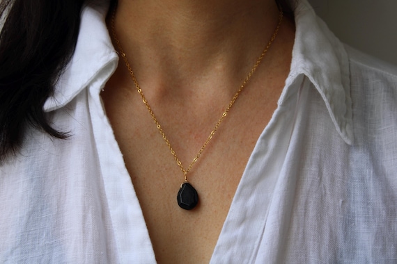 Raw black tourmaline pendant necklace. Empath protection. Tourmaline teardrop necklace. Gold filled, sterling silver/ rose gold filled.