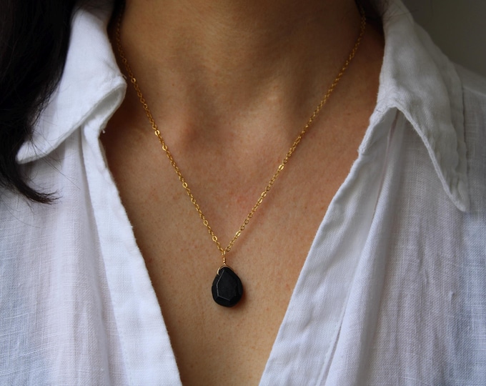 Black Tourmaline Teardrop Pendant Necklace. Empath Protection necklace. Gold, silver, rose gold chain.