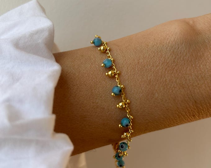 Evil eye link chain bracelet. 18k gold plated brass evil eye drop chain.