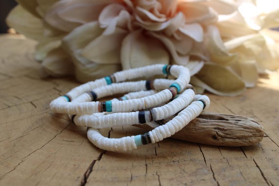 White Heishi Puka Shell Surfer Bracelet, Stretch Cord, Waterproof