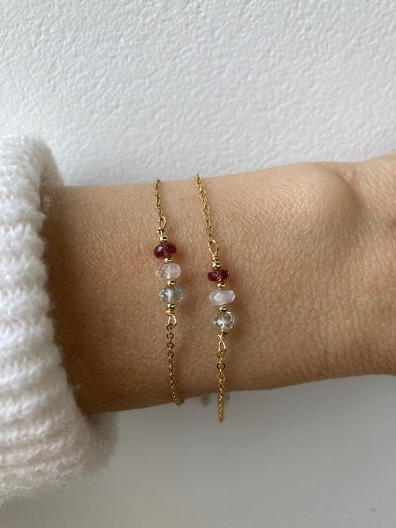 Fertility support bracelet. Pink tourmaline, moonstone and aquamarine bracelet. Gold filled, sterling silver. Stainless steel chain.