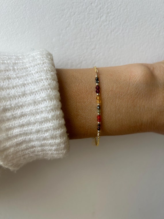 Bracelet for abundance and prosperity. Tiger's eye, carnelian, green jade, garnet and pyrite. Gold filled/sterling silver