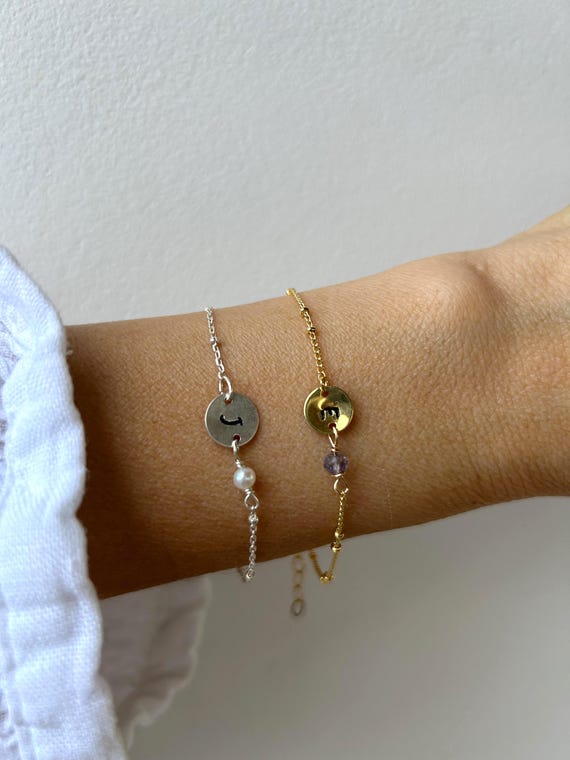Personalized Initial Disc Bracelet:  Birthstone Charm bracelet. Gold filled/sterling silver