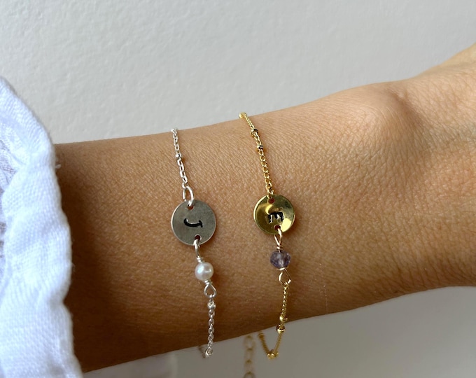 Dainty Initial Bracelet, Personalized Tiny Disk Bracelet with birthstone. 14k Gold Fill, Sterling Silver