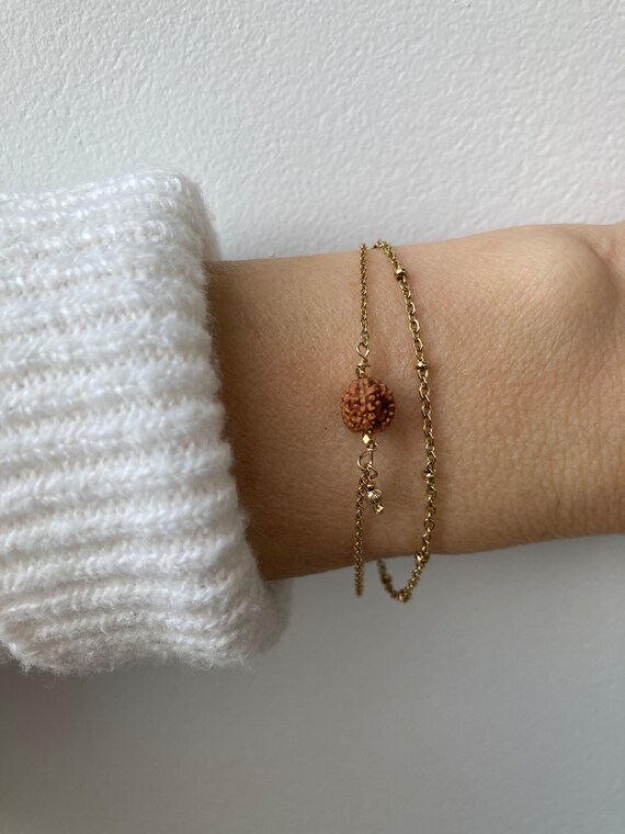 Dainty rudraksha bracelet.  Dainty double chain bracelet with 6mm rudraksha seed. Gold, silver chain. Yoga gift. Shiva tear bracelet