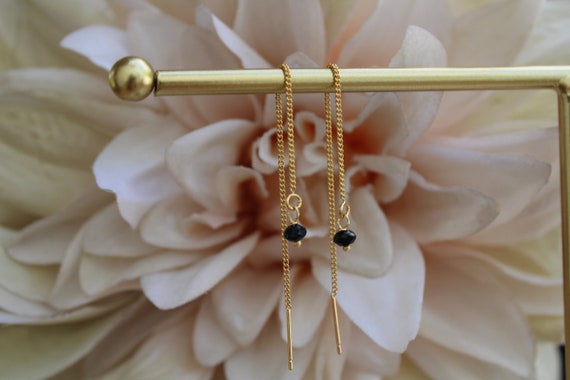 Black tourmaline threader earrings. Delicate threader earrings with tourmaline crystals. 18k Gold plated threader earrings.