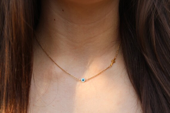 Sideways cross and evil eye necklace. Evil eye choker. Sideways cross necklace.. Gold, silver chain chain.