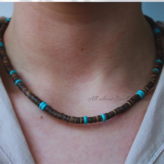 Mens necklace. Mens beaded necklace. Mens surfer style necklace. Mens turquoise necklace. Bohemian mens necklace.