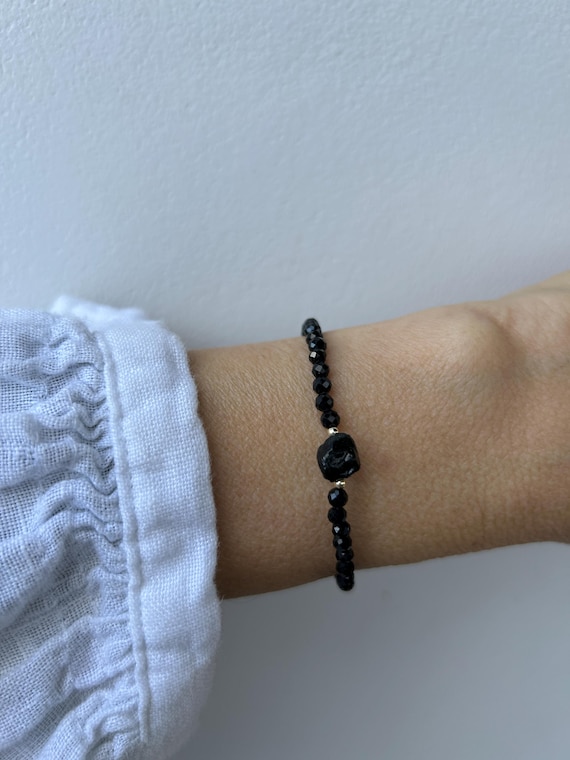 Black Tourmaline beaded stretch bracelet. Raw black tourmaline nugget. Elastic cord.