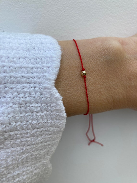 Solid gold bead red string bracelet.  Red string silk bracelet.  Red string of fate. Silk bracelet. 9k gold beads.
