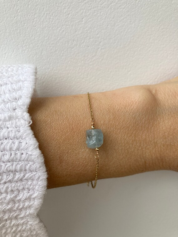Raw aquamarine nugget bracelet.  Aquamarine bracelet. Aquamarine crystal bracelet, March birthstone. Gold , silver, rose gold chain.
