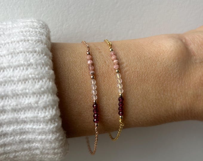 Garnet, rose quartz and rhodochrosite bracelet.  Emotional healing. Gold filled/sterling silver gemstone bracelet.