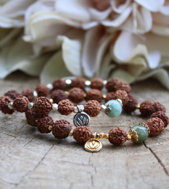 Beaded rudraksha bracelet with lotus charm. Green jade. Gold vermeil/sterling silver. Yoga gift