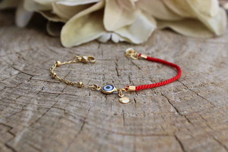 Red String Evil Eye Protection Bracelet, Gold Filled Charm, Adjustable Cord Jewelry image 3