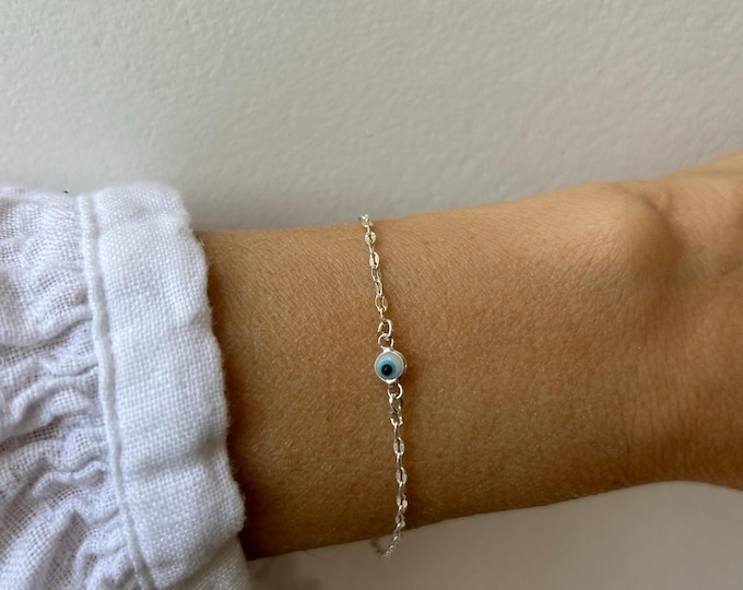 Dainty Sterling Silver Evil Eye Bracelet: Greek Mati Protection