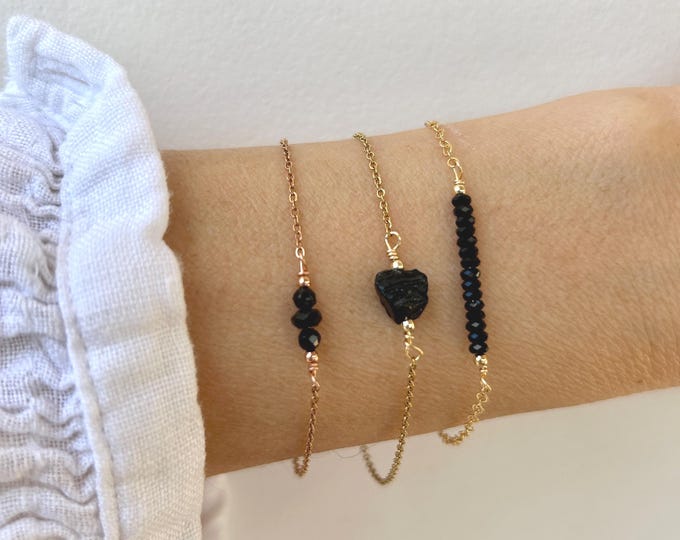 Black Tourmaline Bracelet, Dainty Gemstone Bar,  Empath Protection Jewelry