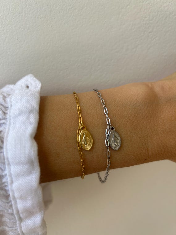 Tiny Madonna charm bracelet. Paper clip chain with Madonna charm. Gold /silver stainless steel chain.