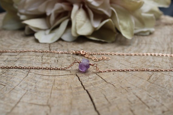 Raw amethyst crystal necklace. Amethyst choker.  February gemstone. Gold, silver, rose gold chain.
