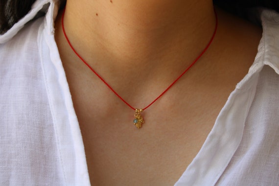 Red string necklace with gold filled hamsa necklace.  Adjustable red cord necklace with hamsa and birthstone/gemstone.