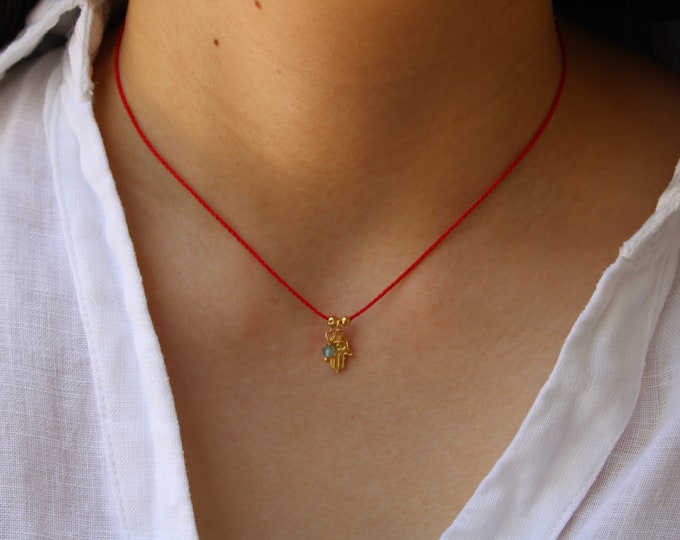 Red Cord Hamsa Necklace: Gold Filled Charm & Birthstone string necklace.