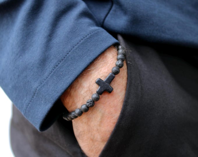 Beaded cross bracelet for men. Beaded lava rock bracelet with stone cross .  Sideways cross bracelet.