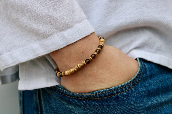 Mens coconut heishi and smoky quartz bracelet. Smoky quartz bracelet men. Mens surfer style bracelet. Stretch bracelet.