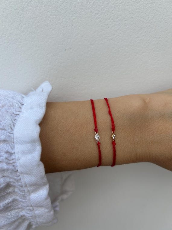 Silk cord bracelet with cubic zirconia.  Red silk bracelet . Gold filled/sterling silver string bracelet. CZ  string bracelet.