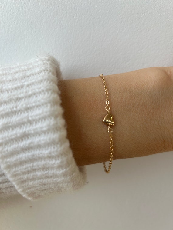 Tiny heart bracelet. Puffy heart bracelet. Gold chain heart charm bracelet. Friendship bracelet. Stacking bracelet.