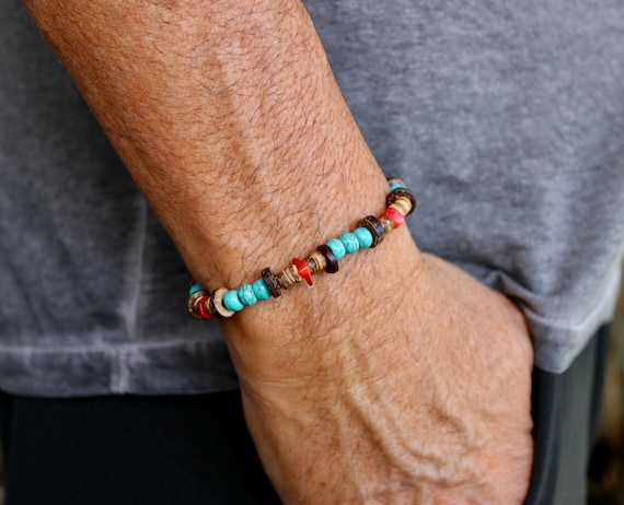 Mens Turquoise Bracelet: Red Coral & Coconut Heishi Bead Stretch Bracelet