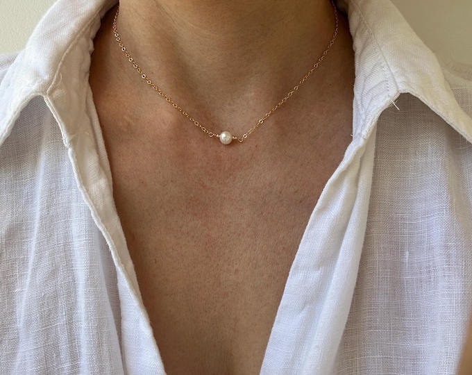 Single Pearl Necklace. 14K Gold Filled, sterling silver. Wedding jewellery. Stainless steel chain.
