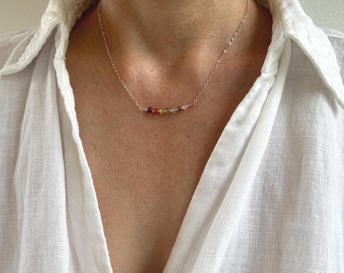 7 Chakra Gemstone Necklace, Micro Faceted Crystals, Gold, silver, rose gold chain.