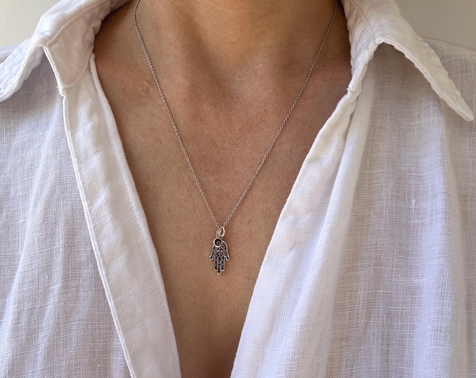 Sterling Silver evil eye and hamsa Necklace, Hand of Fatima Protection Amulet