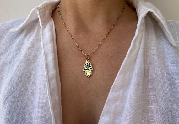 Hamsa necklace. Hamsa and evil eye necklace. Evil eye necklace.  Gold hamsa necklace. Hand of Fatima. Protection necklace.