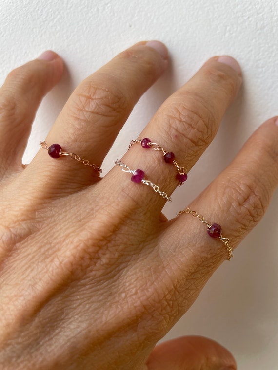 Ruby ring. Gemstone chain ring. Sterling silver chain ring. Soft ring. July birthstone