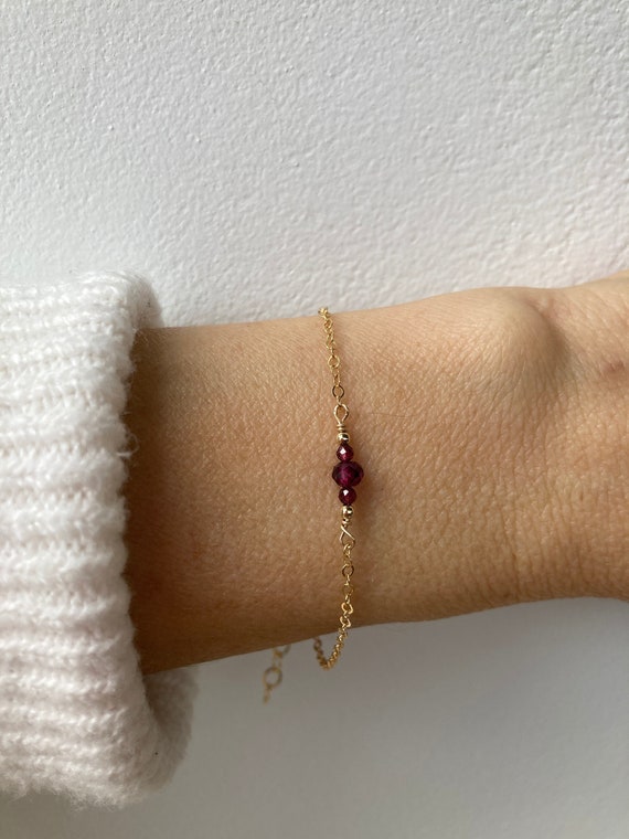 Dainty garnet bracelet.  Gold filled/sterling silver garnet bracelet. January birthstone bracelet. Minimalist bracelet.