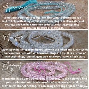 May include: Three strands of gemstone beads, Aquamarine, Moonstone, and Morganite, are displayed on a wooden surface. Each strand is accompanied by a description of the stone's properties and meaning.
