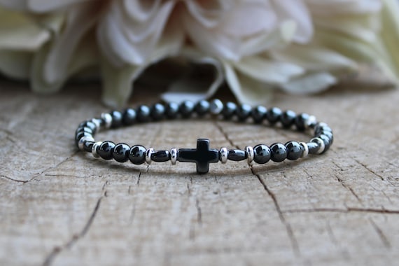 Mens sideways cross bracelet. Cross bracelet for men. Hematite beaded bracelet. Grounding and protection. 5mm beads