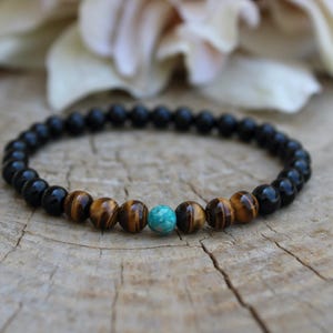 Black onyx, tiger's eye and pyrite bracelet. Mens beaded bracelet. Gemstone bracelet for men. Luck, protection and abundance. 6mm beads.
