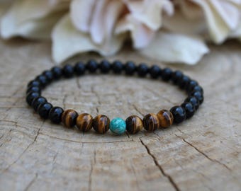 Black onyx, tiger's eye and pyrite bracelet. Mens beaded bracelet. Gemstone bracelet for men. Luck, protection and abundance. 6mm beads.
