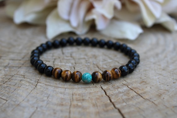 Black onyx, tiger's eye and pyrite bracelet. Mens beaded bracelet. Gemstone bracelet for men. Luck, protection and abundance. 6mm beads.