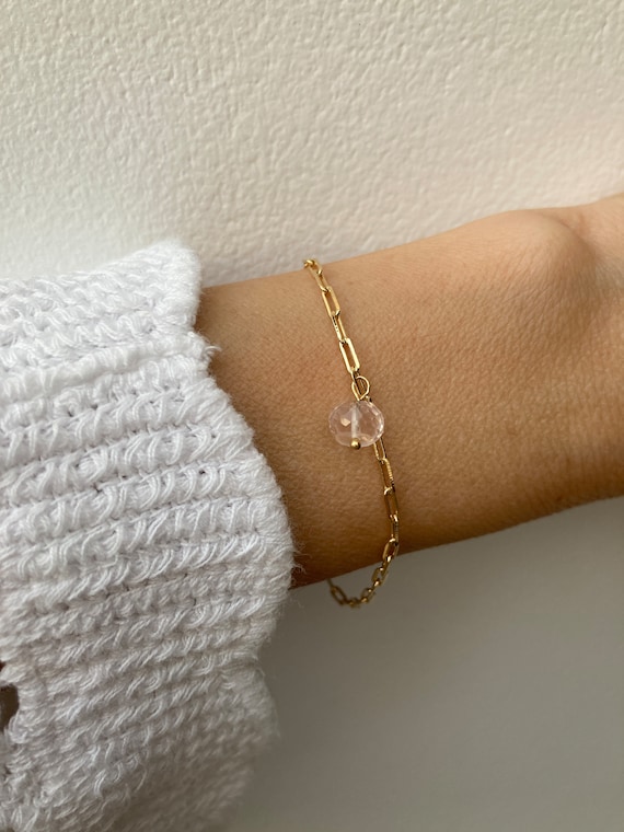 Rose quartz bracelet. Gold filled rose quartz bracelet. Fertility support bracelet. Rose quartz dangle crystal bracelet. Paper clip chain.