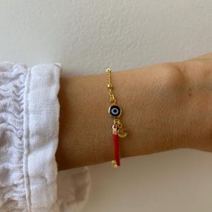 Red String Evil Eye Protection Bracelet, Gold Filled Charm, Adjustable Cord Jewelry image 12