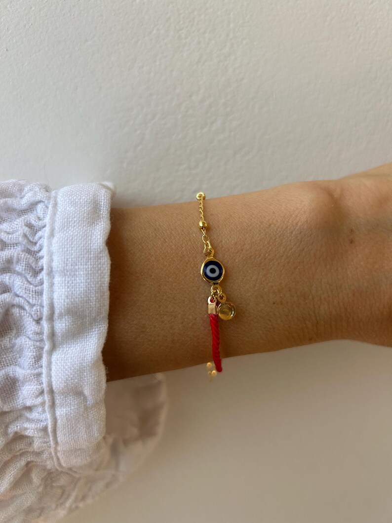 Red String Evil Eye Protection Bracelet, Gold Filled Charm, Adjustable Cord Jewelry image 12