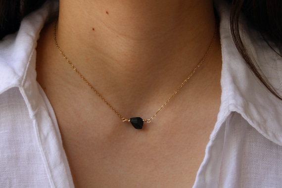 Black tourmaline necklace. Raw black tourmaline choker.  October birthstone. Empath protection.  Gold, silver chain