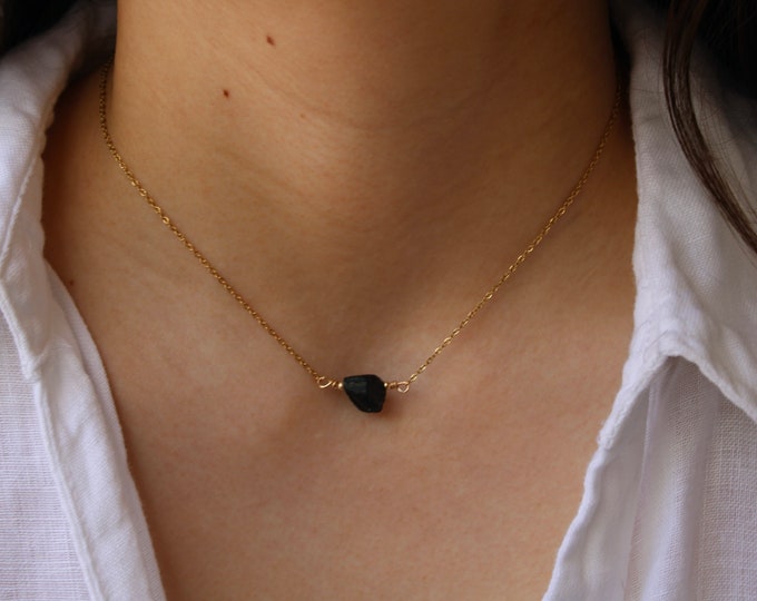 Black tourmaline necklace. Raw black tourmaline choker.  October birthstone. Empath protection.  Gold, silver chain