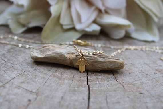 Hamsa necklace. Gold filled hamsa and evil eye necklace. Dainty hand of Fatima necklace. Evil eye necklace.