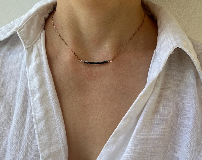 Black tourmaline bar necklace. Empath protection. Gold, silver, rose gold chain.