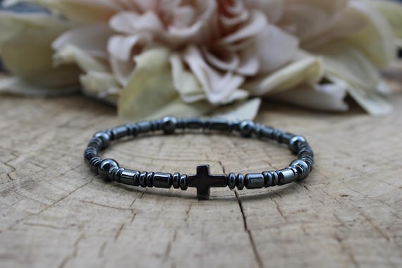 Mens beaded cross bracelet. Hematite cross bracelet. Stretch bracelet for men.