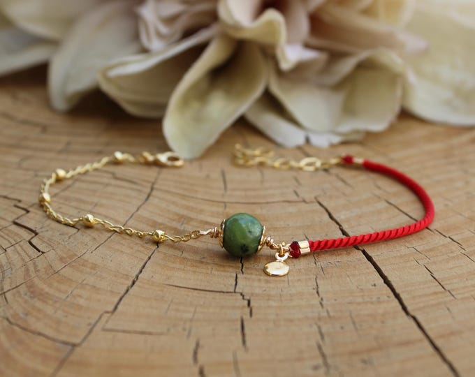 Natural green Jade Red String Bracelet, Gold Filled, Abundance Luck Protection, stainless steel
